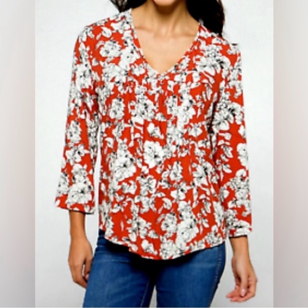 Fun2Fun Maley Floral 3/4 Sleeve Blouse With Pleated Detail Sz M Rust Orange NEW